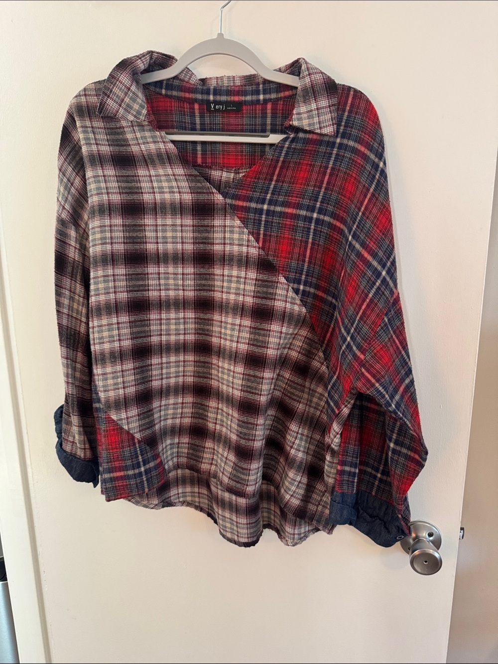 Very J Mixed Plaid Button-Front Shirt in Denim Red, Gray & Blue size Lg